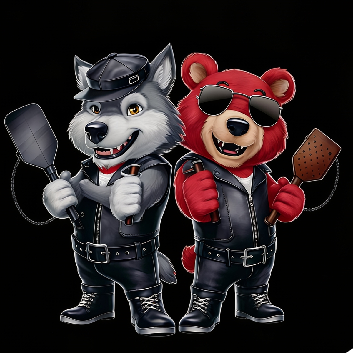 The 5710 mascots — a leather-clad wolf and red bear holding paddles