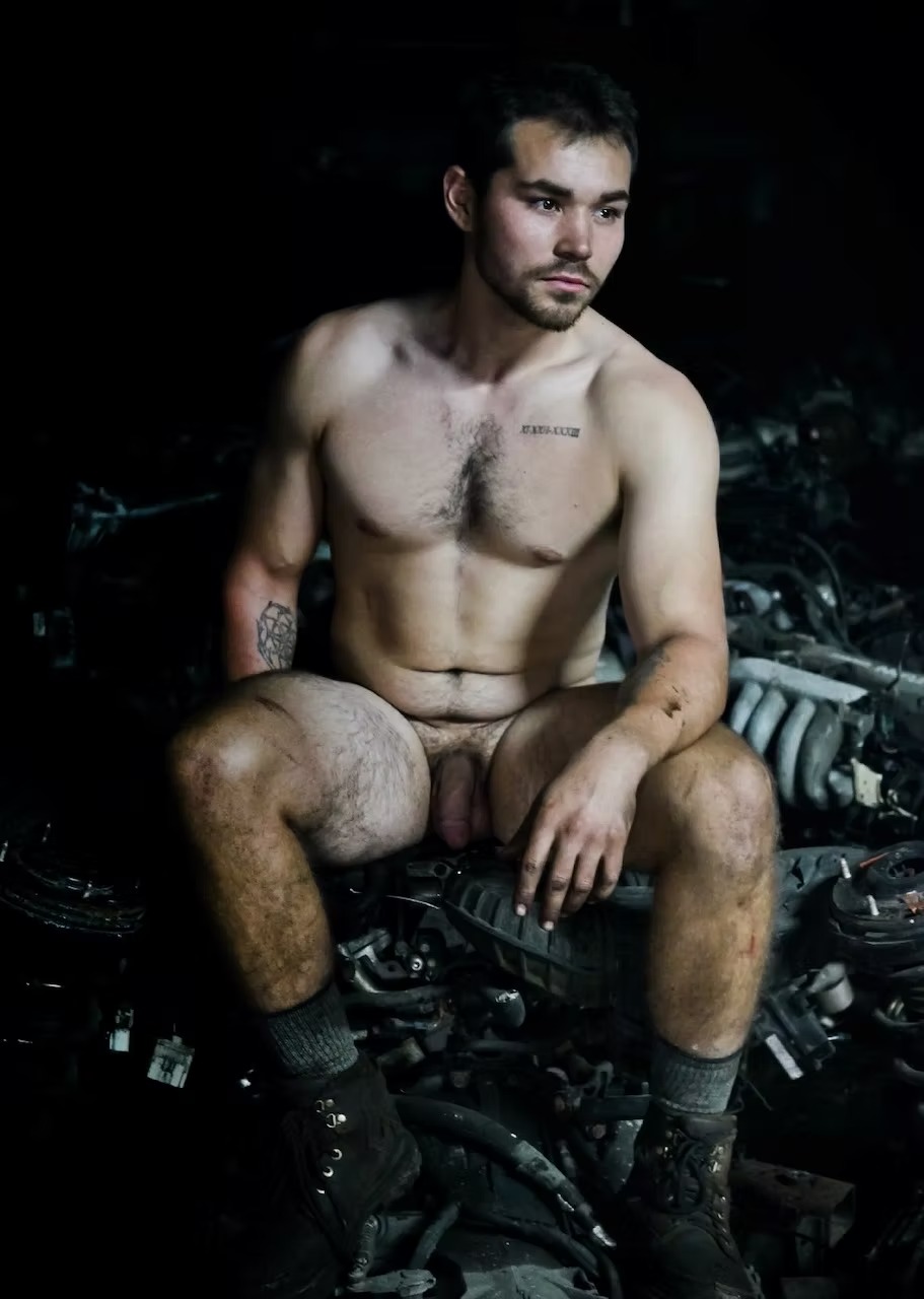 A figure seated bare on a stripped engine in low light